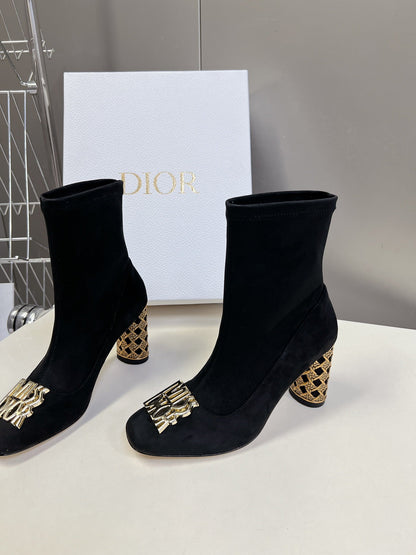 ICON HEELED ANKLE BOOT BLACK SUEDE 8 CM WITH GOLD LOGO