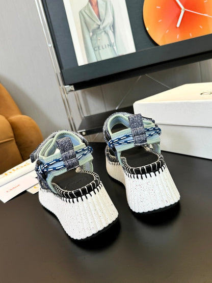 NAMA WEDGE SANDALS IN GREY FABRIC AND WHITE RUBBER