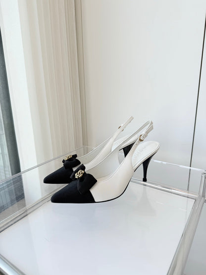 SLINGBACKS 80 MM IN WHITE CALFSKIN AND BLACK CANVAS