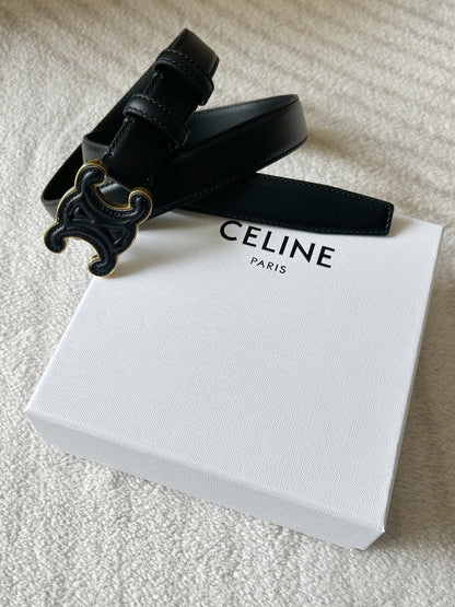 TRIOMPHE BELT 24MM IN BLACK CALFSKIN WITH LEATHER BUCKLE GOLD HARDWARE