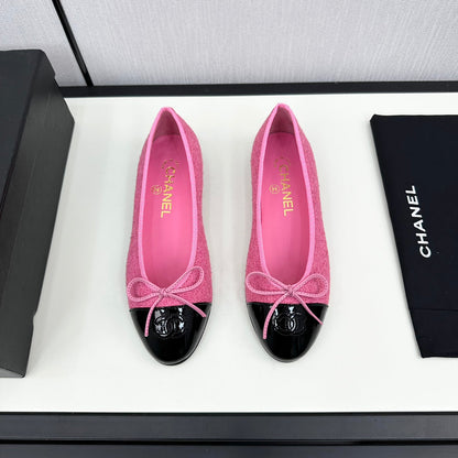 BALLET FLATS IN BRIGHT PINK TWEED AND BLACK CALFSKIN