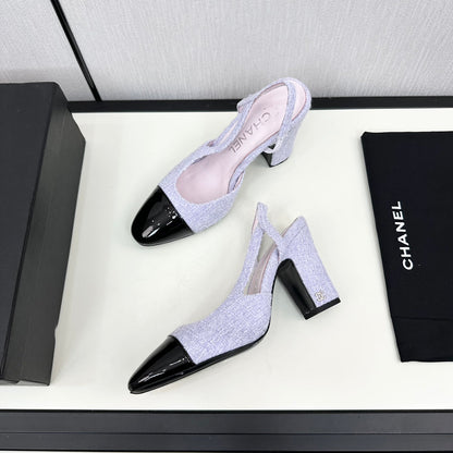 HIGH SLINGBACK LIGHT BLUE TWEED AND BLACK CALFSKIN