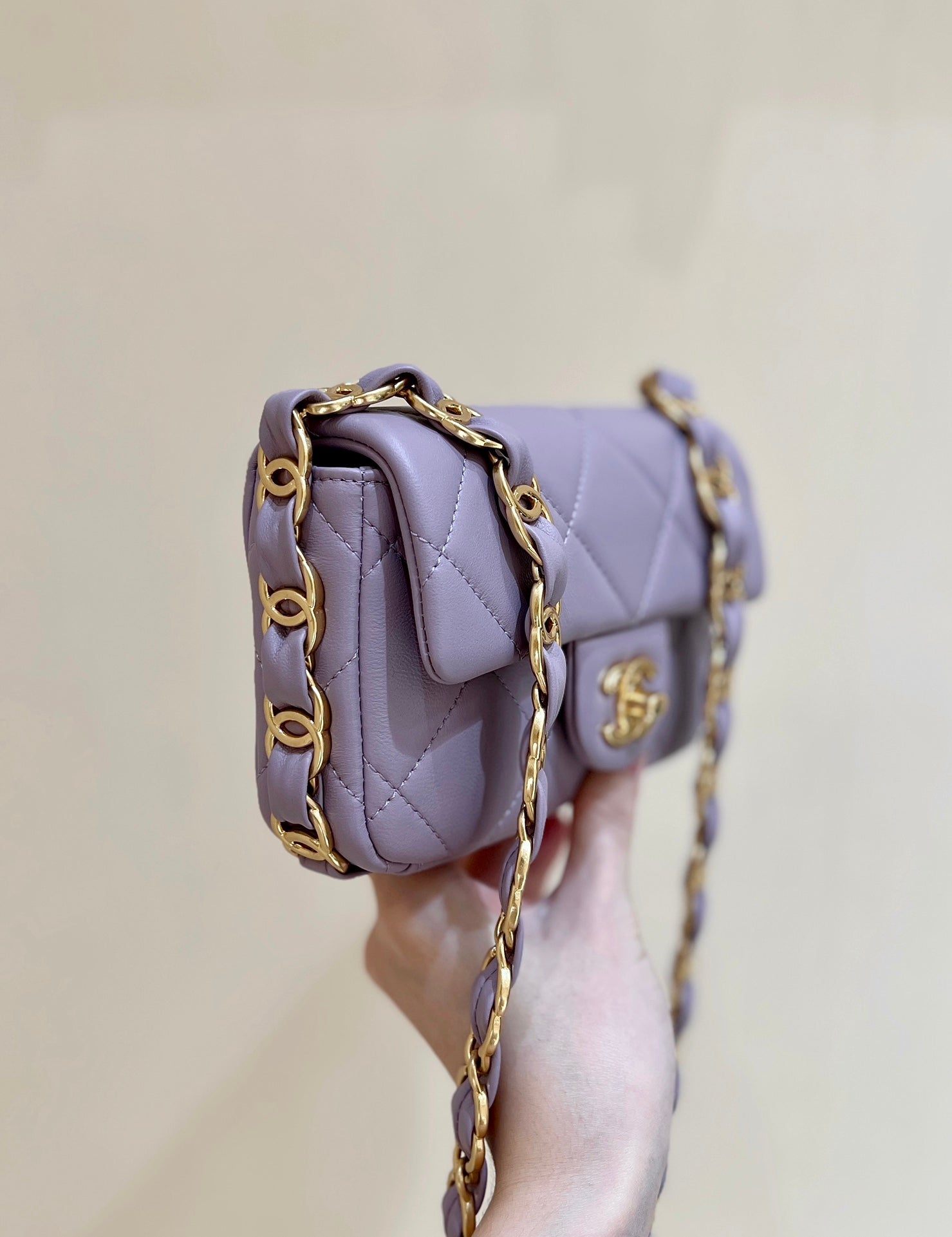 MINI FLAP BAG 16 IN BABY PURPLE LAMBSKIN GOLD DOUBLE C THICK CHAIN