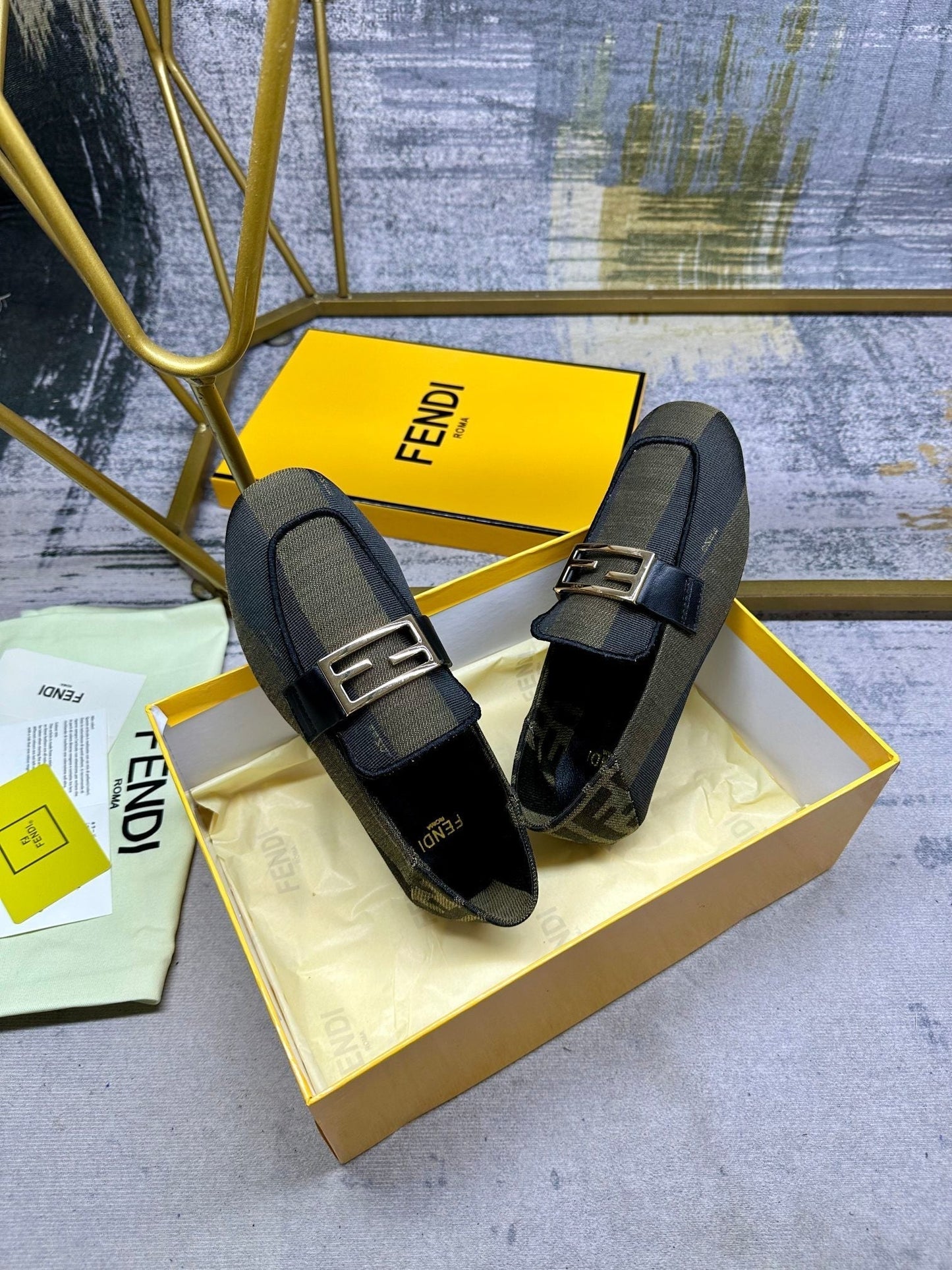 FENDI BAGUETTE LOAFERS IN OLIVE GREEN MIX BLACK CANVAS GOLD HARDWARE