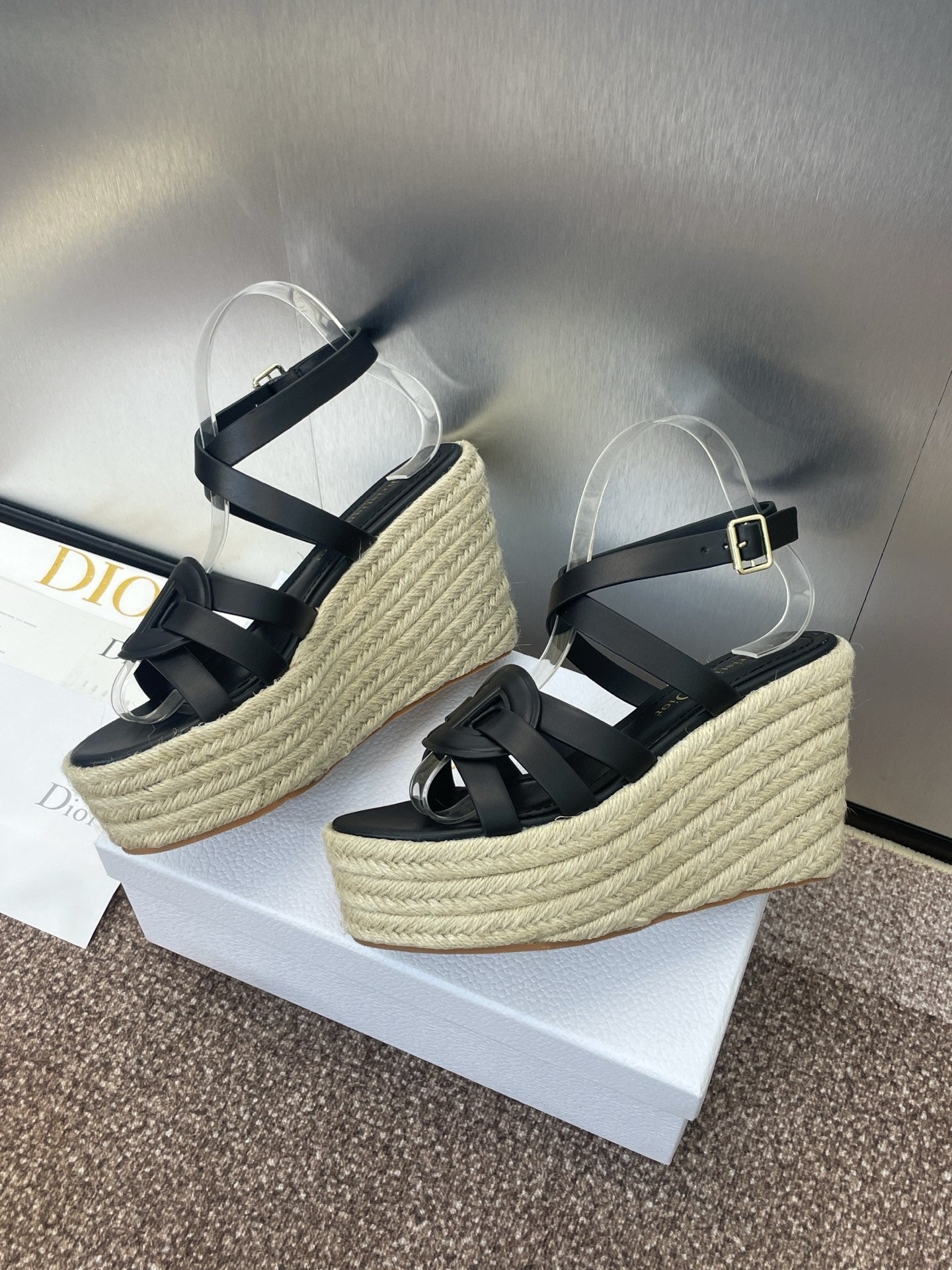 D-CLUB 25S HIGH HEEL WEDGE 100MM IN BLACK CALFSKIN RAFFIA SOLE