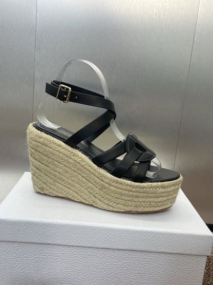 D-CLUB 25S HIGH HEEL WEDGE 100MM IN BLACK CALFSKIN RAFFIA SOLE
