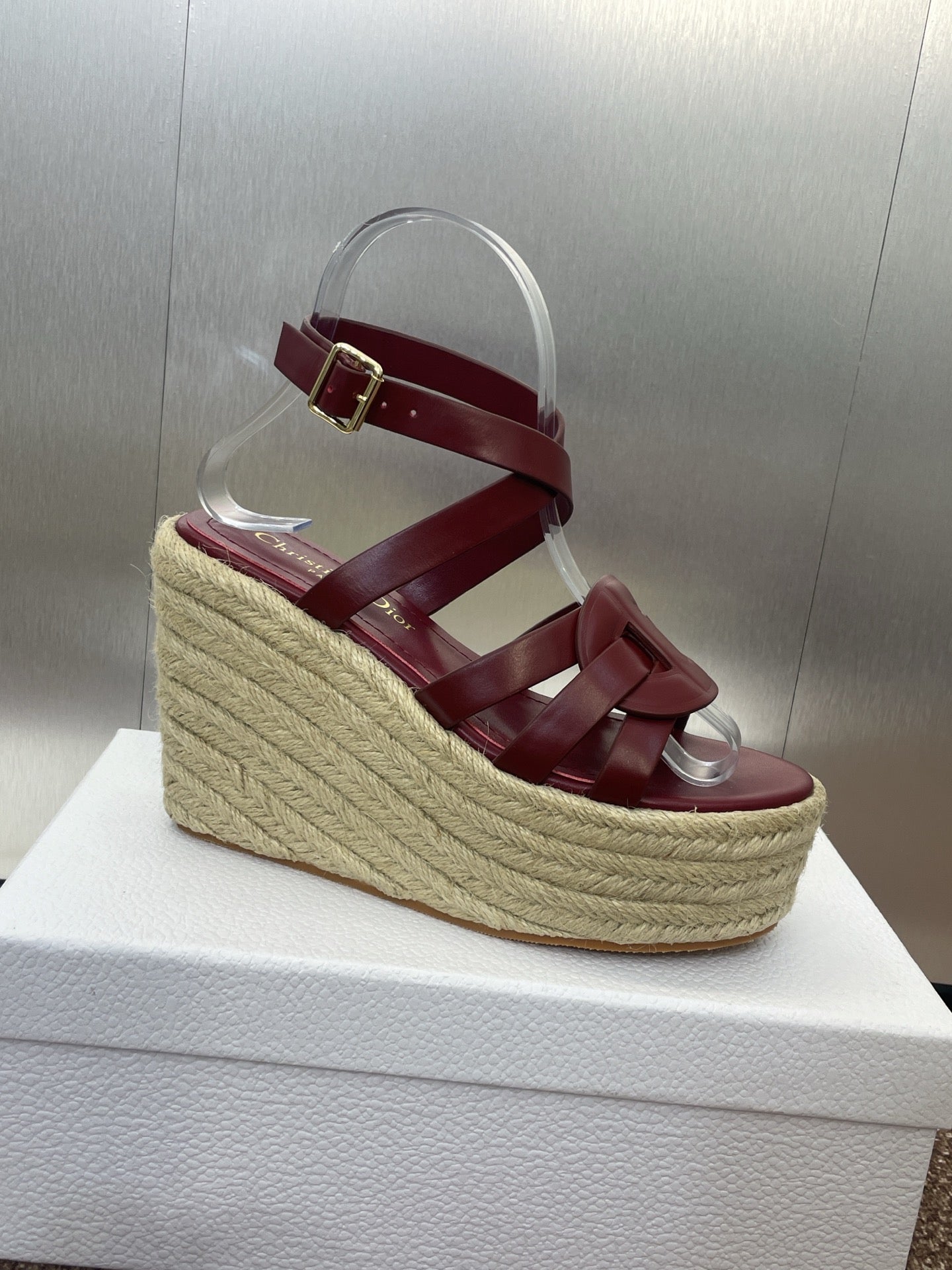 D-CLUB 25S HIGH HEEL WEDGE 100MM IN BURGUNDY RED CALFSKIN RAFFIA SOLE