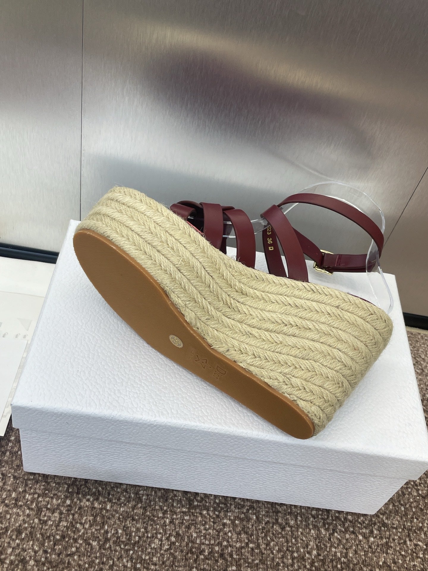 D-CLUB 25S HIGH HEEL WEDGE 100MM IN BURGUNDY RED CALFSKIN RAFFIA SOLE