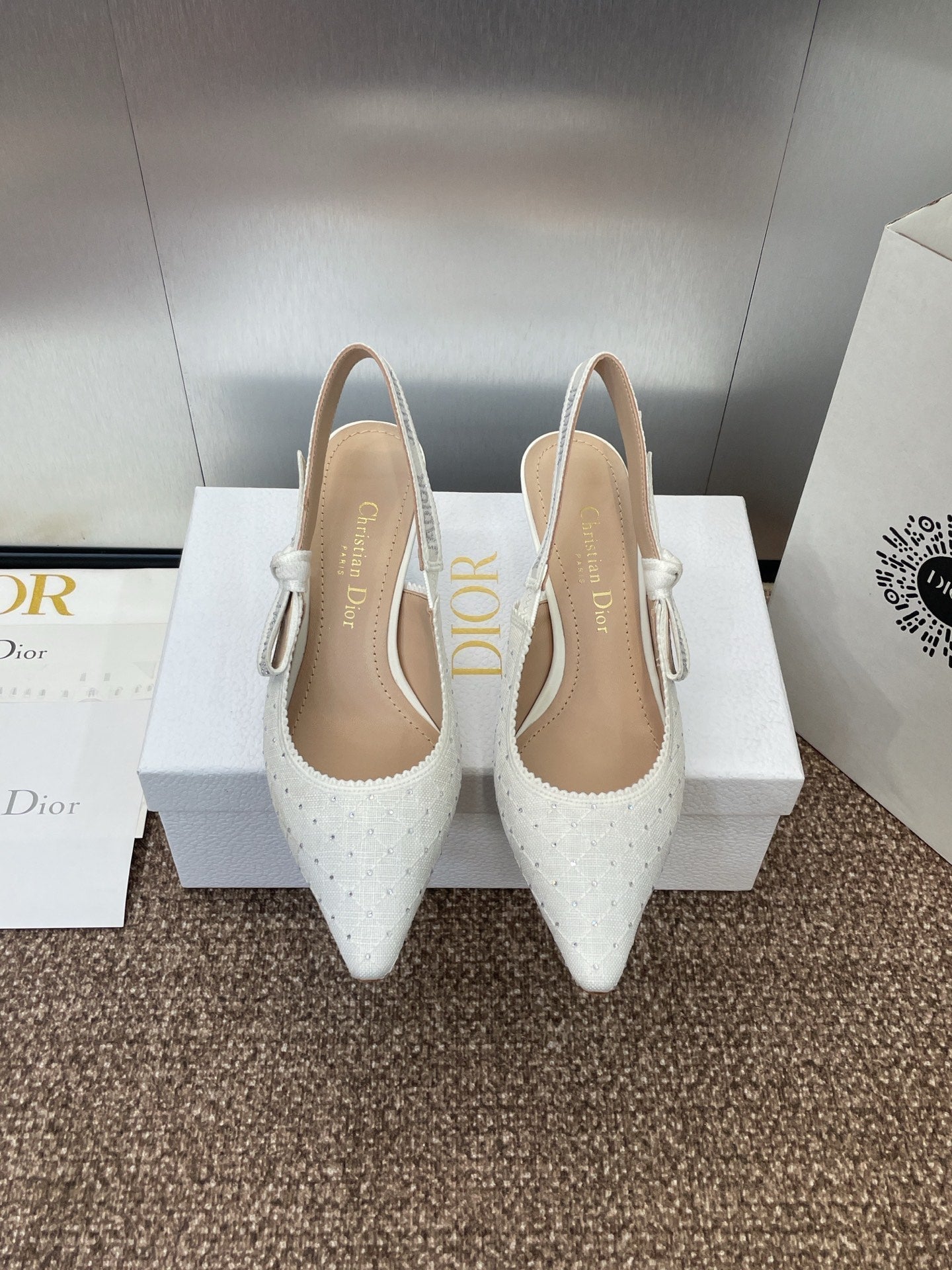 J'ADIOR SLINGBACK 25S PUMP 65MM IN WHITE FABRIC EMBOSSED CRYSTAL