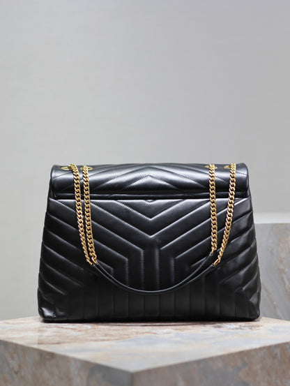 LOULOU LARGE 36 IN BLACK QUILTED CALFSKIN GOLD HARDWARE