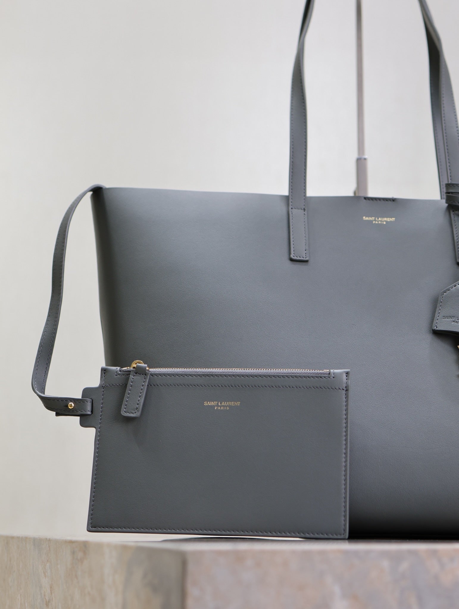 SHOPPING TOTE BAG 38 IN GRAY CALFSKIN