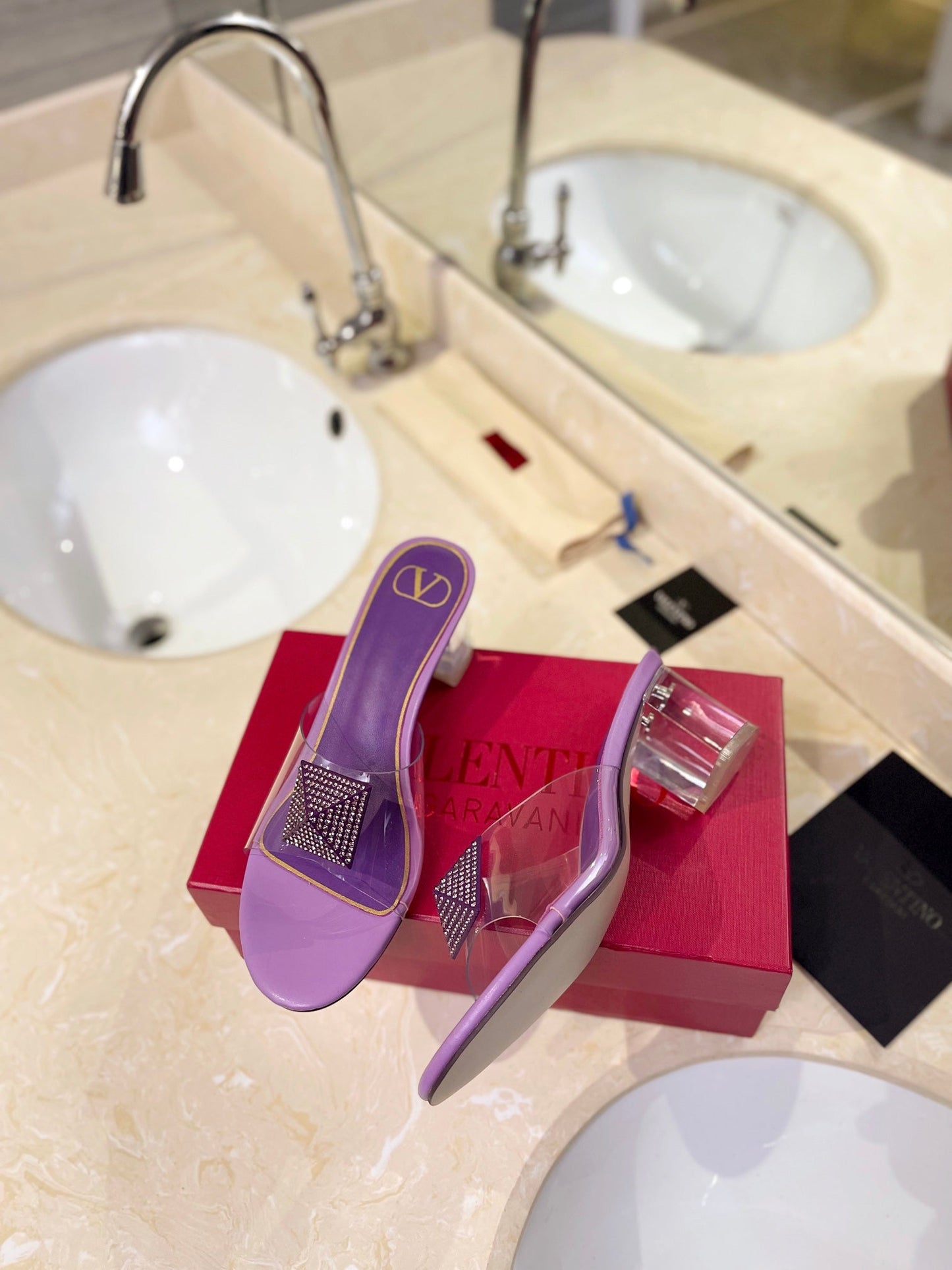 HIGH MULE 60MM IN MAUVE PURPLE SHEEPSKIN AND TRANSPARENT PVC