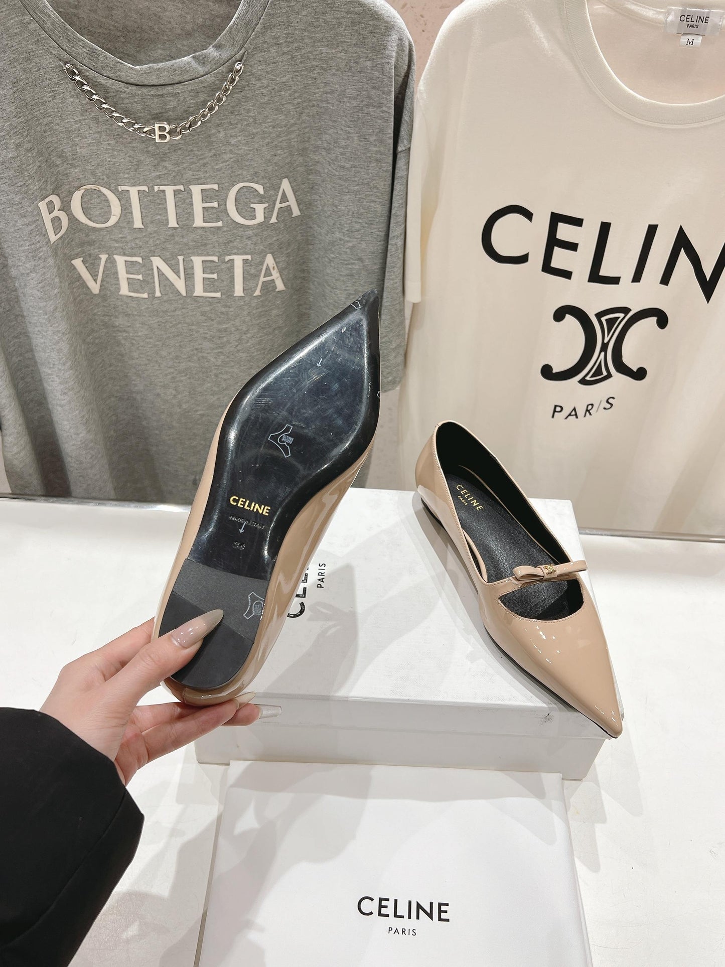 SUZY POINTY TOE BALLERINA IN TAN BEIGE PATENT CALFSKIN