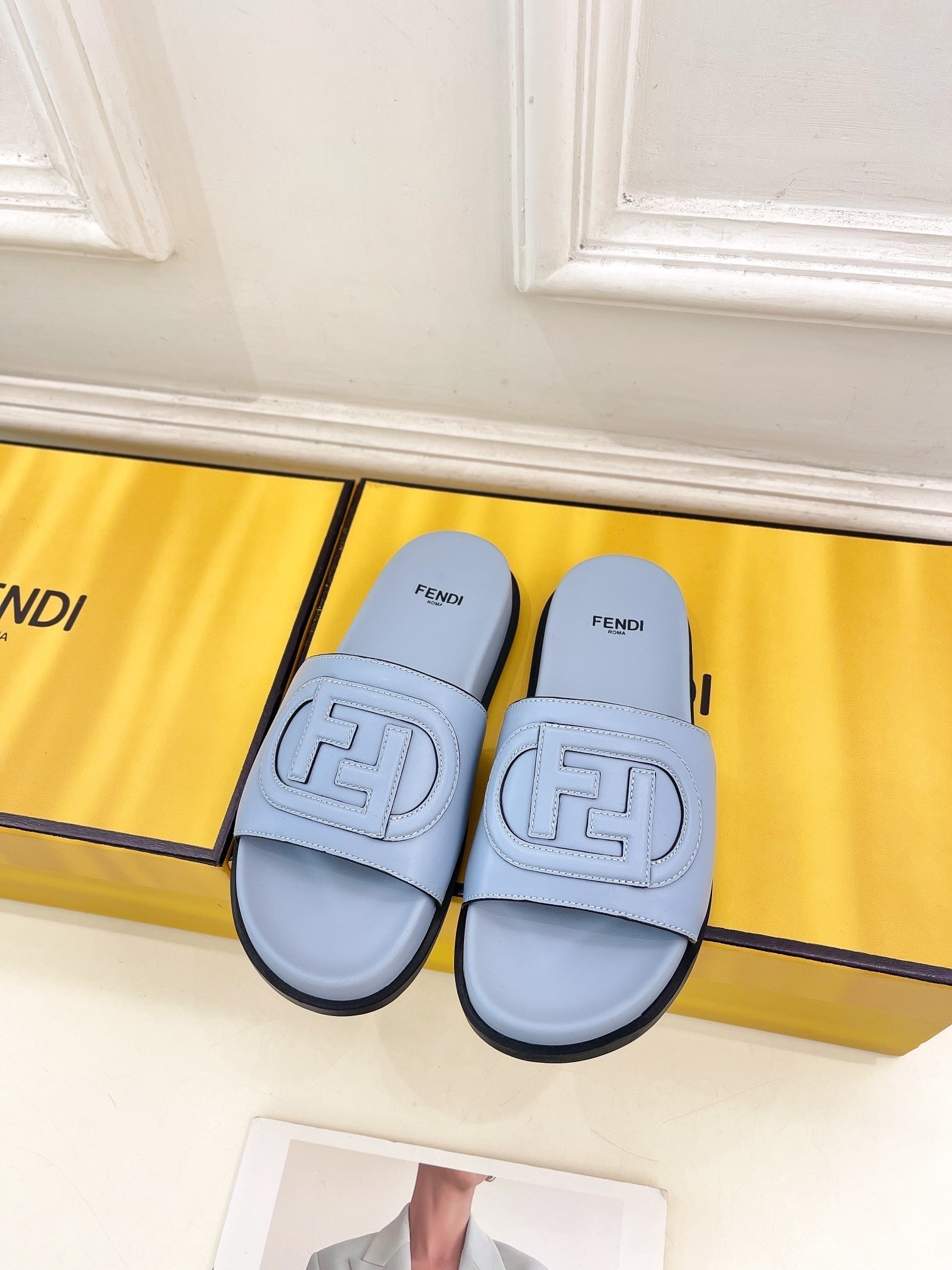 FENDI LOGO SLIDES IN BLUE POWDER CALFSKIN