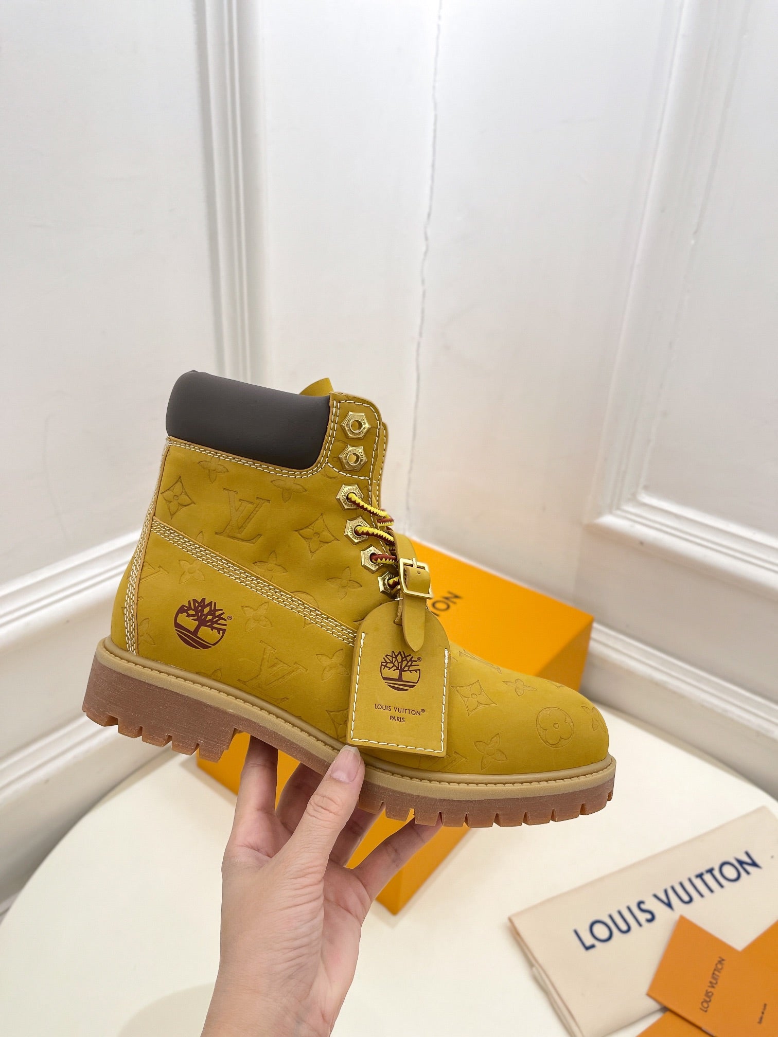 LV X TIMBERLAND MARTIN BOOT IN PEANUT BROWN MONOGRAM SUEDE