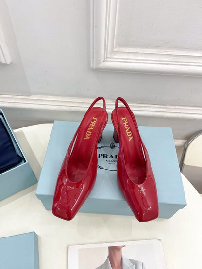 SQUARE TOE SLINGBACK PUMPS IN CRIMSON RED GLOSSY CALFSKIN