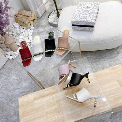 ROCKSTUD TOWER-HEEL MULES IN BABY PINK CALFSKIN 7 CM