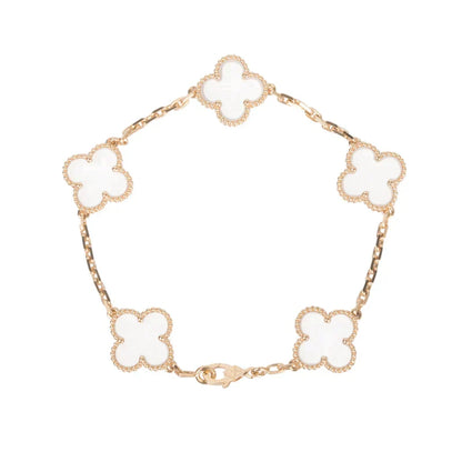 CLOVER 5 MOTIF ROCK CRYSTAL PINK GOLD BRACELET